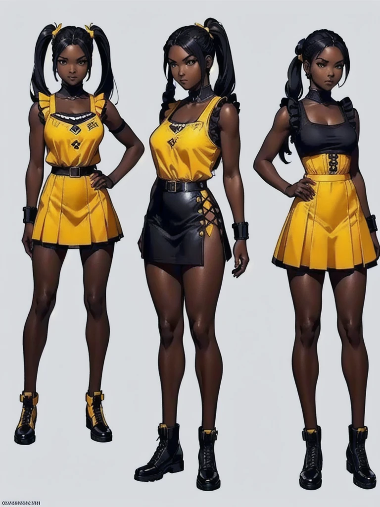 ((best quality)), ((4k)), ((highres)), ((masterpiece:1.2)). ((detailed)), ((ultra realistic)), ((intricate details)), ((full body picture)), ((character design sheet)), ((blank background)), ((standing in a blank background)), full body shot of a beautiful black female, ebony beauty, woman, 18 years old girl, dark brown skin, about 5'5 ft. tall, smirk on her face, ((smirking)), long curly black hair, ((long curly hair)), long hair, high pigtails, (((high pigtails)), dressed in a yellow sleeveless doll dress, ((EMPHASIS ON HER YELLOW SLEEVELESS BABYDOLL DRESS)), black leather belt on her waist, bare legs, yellow school girl HIGH SOCKS AND school girl BLACK SHOES, fighting game character design, tekken character design, the king of fighters character concept art, character concept art, full body, 18 years old female fighter, girly girl, cute girl, girly fighter character concept art
