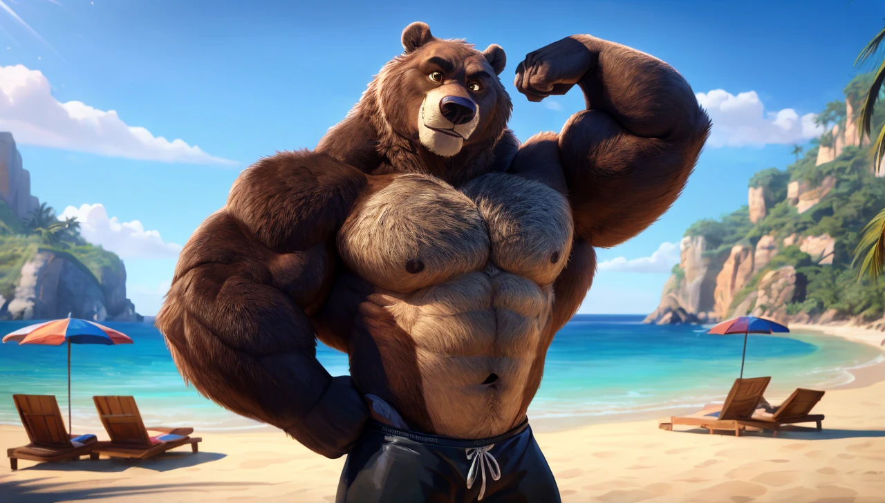 solo, 1boy, beach, size different, extremely huge muscular, massive muscular, Baloo, jungle book, grizzly bear, full-body, well-muscled bring shirtless in a black swim trunk shorts in beach. Flexing his arms. ((extremely muscle size, super thick arms, huge bidy, thick brown fur, extremely wide body and shoulder , huge arms)). and add details to make it attractive and interesting. Add textures and details to make the image more realistic, such as the appearance of the shirt texture and the appearance of the skin. Make sure the resulting image is high resolution, 8K quality.", simple background, masterpiece, high detailed, 8k, high resolution