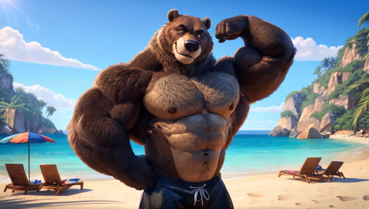 solo, 1boy, beach, size different, extremely huge muscular, massive muscular, Baloo, jungle book, grizzly bear, full-body, well-muscled bring shirtless in a black swim trunk shorts in beach. Flexing his arms. ((extremely muscle size, super thick arms, huge bidy, thick brown fur, extremely wide body and shoulder , huge arms)). and add details to make it attractive and interesting. Add textures and details to make the image more realistic, such as the appearance of the shirt texture and the appearance of the skin. Make sure the resulting image is high resolution, 8K quality.", simple background, masterpiece, high detailed, 8k, high resolution