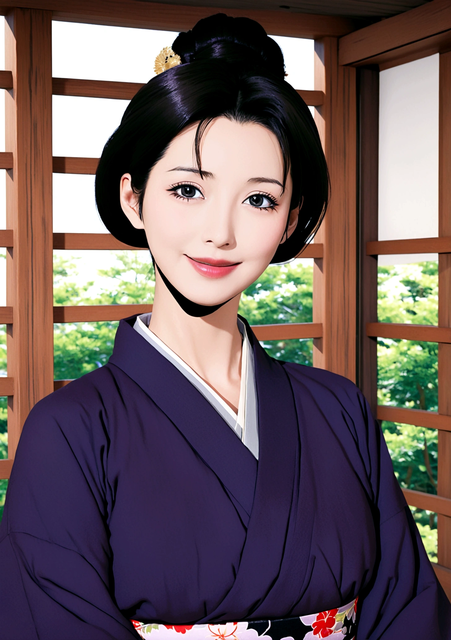 1girl, solo, looking at viewer, smile, black hair, collarbone, upper body, japanese clothes, indoors, kimono, hair bun, mole, grey eyes, single hair bun, lipstick, mole under mouth, mature female
