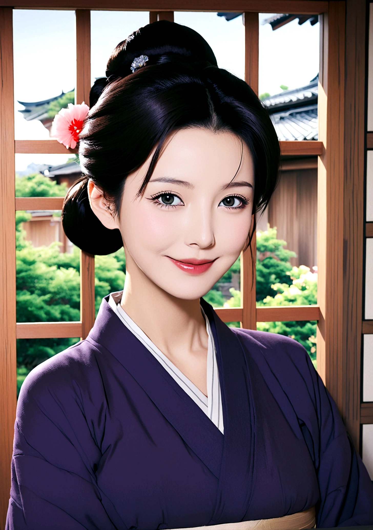 1girl, solo, looking at viewer, smile, black hair, collarbone, upper body, japanese clothes, indoors, kimono, hair bun, mole, grey eyes, single hair bun, lipstick, mole under mouth, mature female