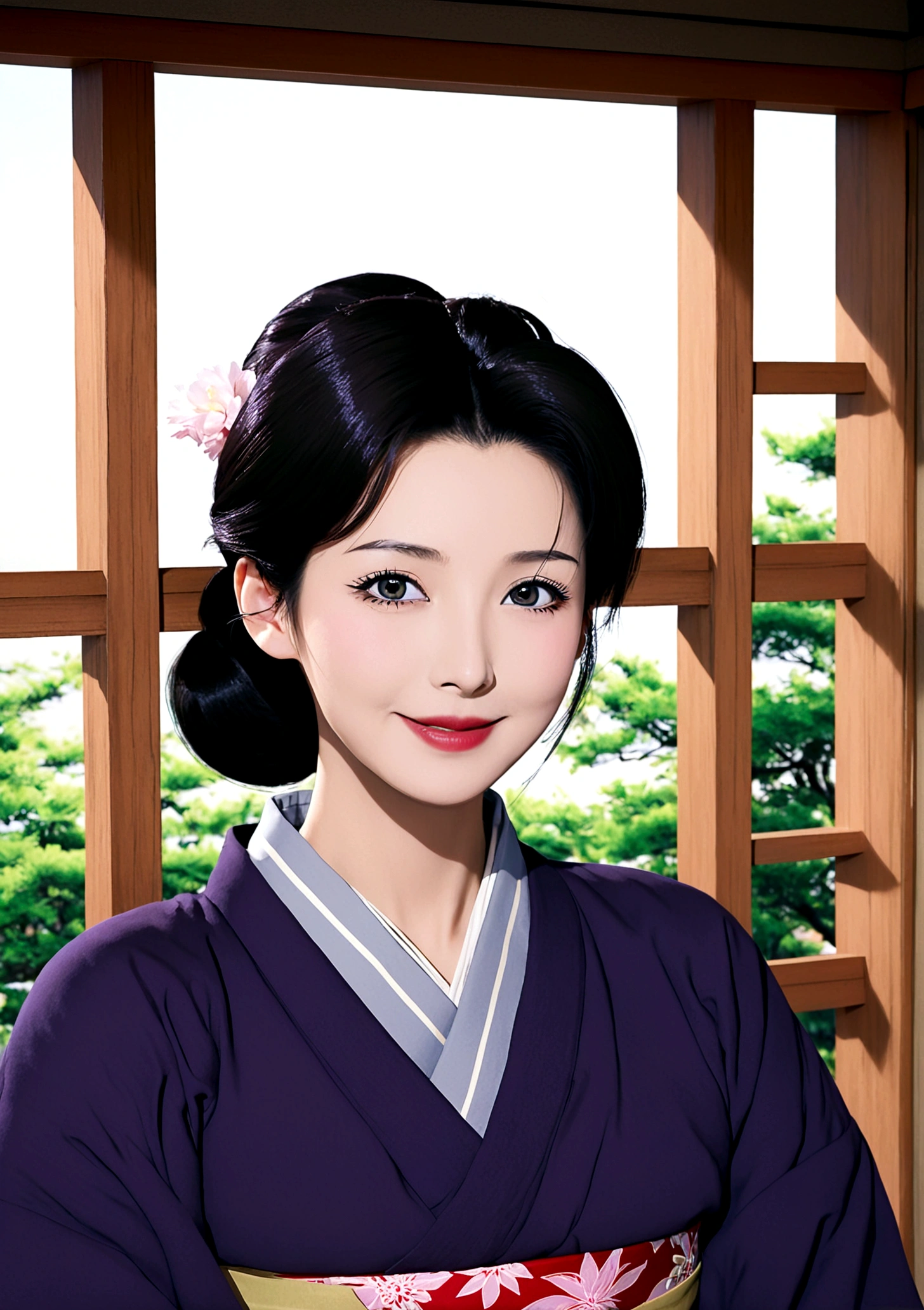 1girl, solo, looking at viewer, smile, black hair, collarbone, upper body, japanese clothes, indoors, kimono, hair bun, mole, grey eyes, single hair bun, lipstick, mole under mouth, mature female