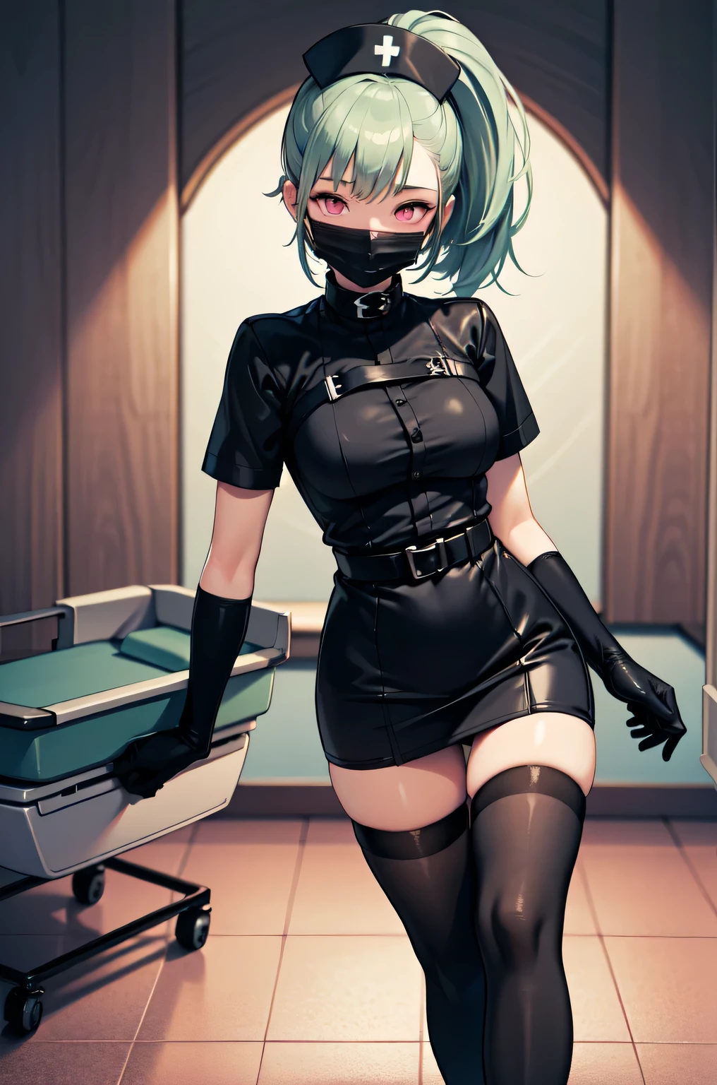 black nurse, 1girl, solo, black nurse cap, black nurse uniform, ((black legwear, zettai ryouiki)), black elbow gloves, ponytail, green hair, pink eyes, ((black surgical mask, covered nose)), standing, ((surgery room)), sharp outline, short sleeves, best quality, masterpiece