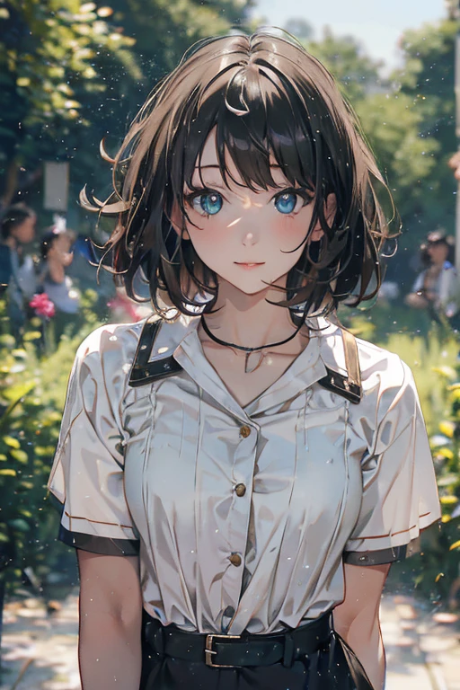 (award winning, 8k, super detailed, high resolution, best quality, professional photography, portrait), 1girl, solo, (young girl) beautiful girl, beautiful eyes, detailed eyes, (black eye), (white blouse with collar), short hair, black hair, walking in the park, POV, [coy smile], summer light, (chin down), ((shy expression)), greeny, pretty lip