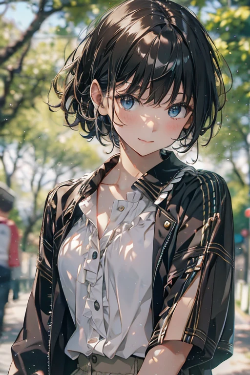 Black short hair and dark eyes、 girl、Small Breasts、Smile、、knitted cardigan、There are bright spots around the eyes、cute hairpin、I can see the whole body、School