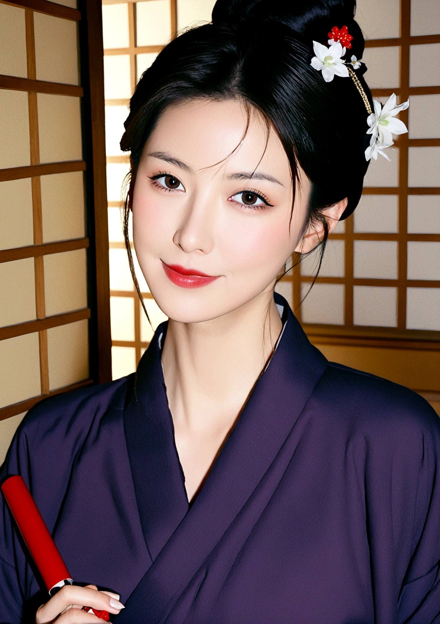 1girl, solo, looking at viewer, smile, black hair, collarbone, upper body, japanese clothes, indoors, kimono, hair bun, mole, grey eyes, single hair bun, lipstick, mole under mouth, mature female