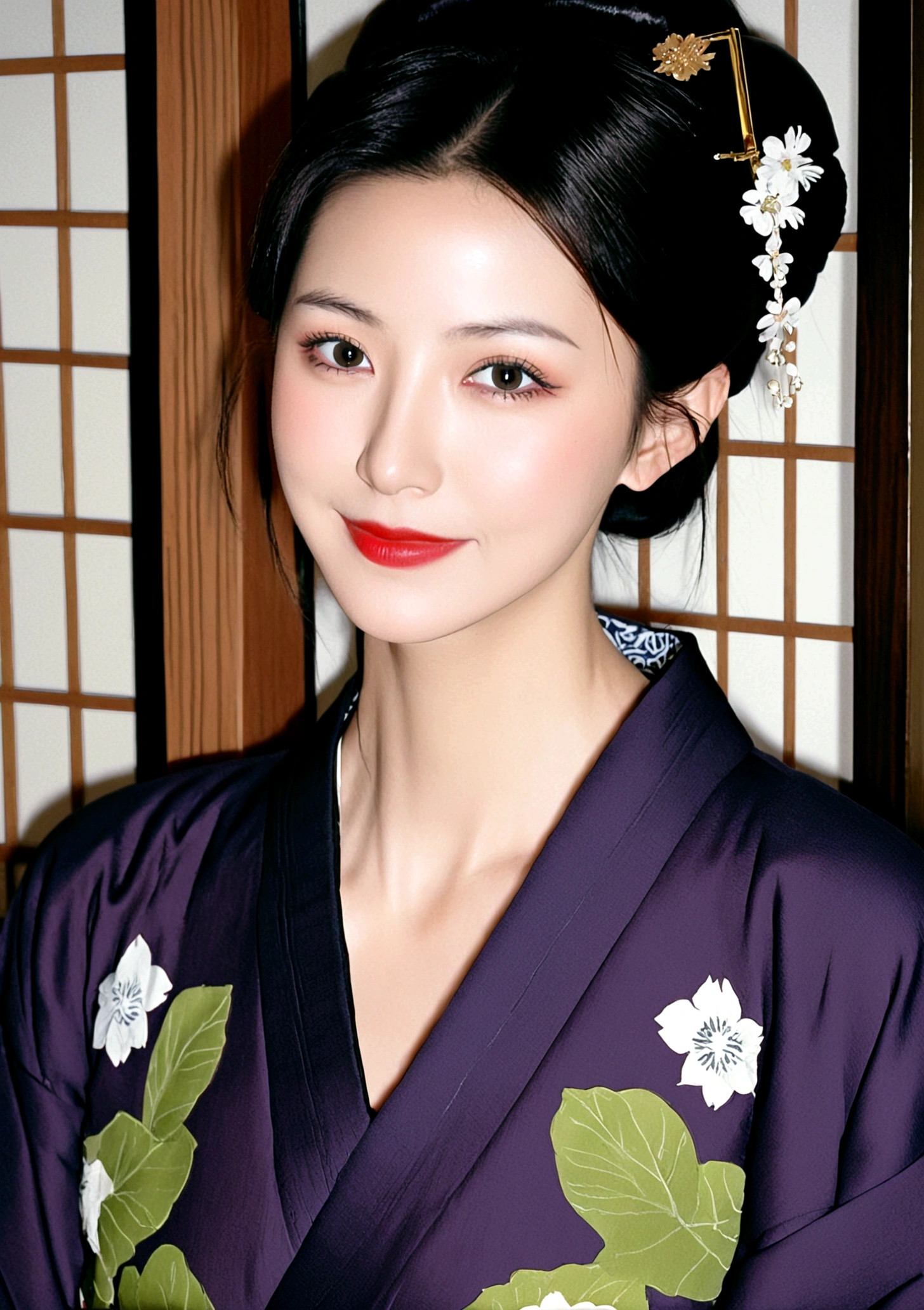1girl, solo, looking at viewer, smile, black hair, collarbone, upper body, japanese clothes, indoors, kimono, hair bun, mole, grey eyes, single hair bun, lipstick, mole under mouth, mature female