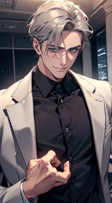 (best quality, masterpiece, 8K, photorealistic, cinematic lighting, 1:4 hdr image, ultra detailed, beautiful image), a mature man, 25 years very handsome, ((cold expression smile in love)), short grey hair, blue eyes, face perfect without mistakes, ((buttoning his jacket, CEO)), smile.