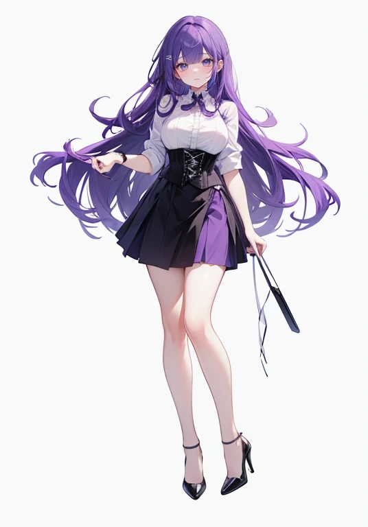Purple Hair,long hair,Adult female,(suit),White Y-shirt,((Rolling up his sleeves)),(corset),(Black tight skirt),(High heels),Heels are visible,((Simple white background)),smile,((whole body)),((full body)),