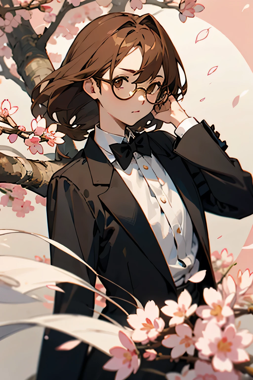 Anime girl with shoulder length brown hair, light brown eyes, a black tuxedo with a bowtie, circle glasses, in a sakura tree background