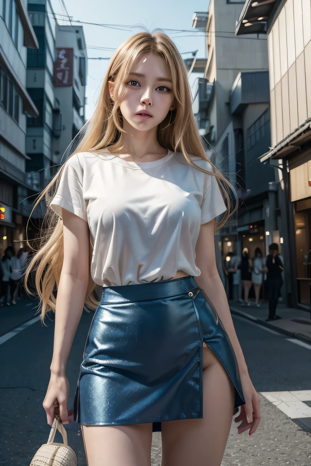 work of art, best qualityer, 8K, Photographic Reality, realisitic, octane rendering, Busy urban streets in Japan (1womanl: 1.4), (Just a woman on screen: 1.3), (white shirt), (gold long hair), (Hip wrapped skirt), (blue colored eyes) Upper body display