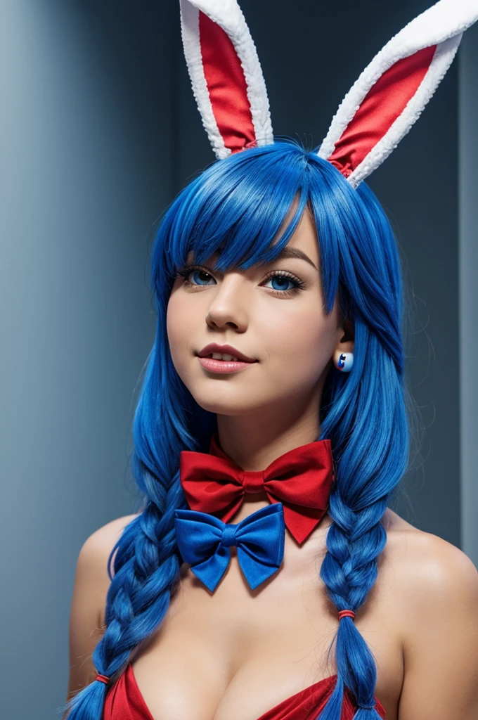 A furry anthropomorphic bunny rabbit with blue and red colored ears and hair