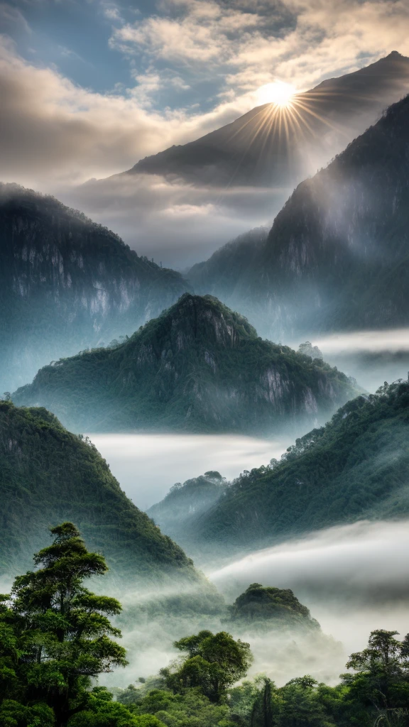 a realistic Indonesian mountain landscape, cloudy morning sky, lush greenery, mist over the peaks, sunlight filtering through the clouds, dramatic lighting, detailed foliage, tranquil lake, rocky cliffs, birds in flight, serene atmosphere, (best quality,4k,8k,highres,masterpiece:1.2),ultra-detailed,(realistic,photorealistic,photo-realistic:1.37),landscape,nature,outdoor scene,dramatic lighting,moody atmosphere,soft colors