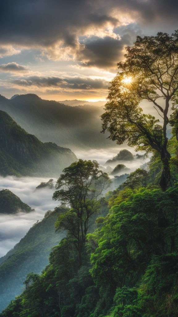a realistic Indonesian mountain landscape, cloudy morning sky, lush greenery, mist over the peaks, sunlight filtering through the clouds, dramatic lighting, detailed foliage, tranquil lake, rocky cliffs, birds in flight, serene atmosphere, (best quality,4k,8k,highres,masterpiece:1.2),ultra-detailed,(realistic,photorealistic,photo-realistic:1.37),landscape,nature,outdoor scene,dramatic lighting,moody atmosphere,soft colors