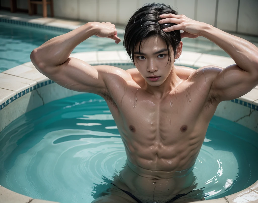 Araafed Asian man in a dirty pool with his hands on his head, Asian Male, 2-1 korean muscular boy, water dripping from it, Youngh, perfectbody, south korean man, yanjun chengt, beautiful beautiful body, a muscular, cute japanese demon boy, Asian characteristics, muscular!!, Scrawny, but muscular, damien tran, male model