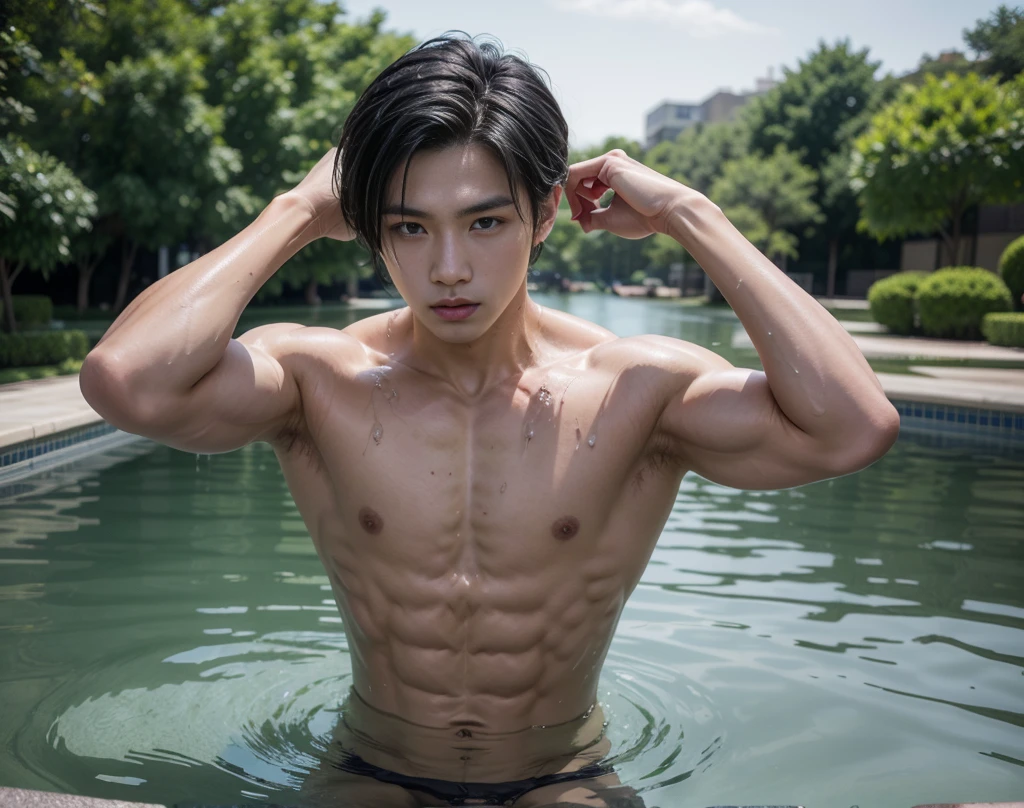 Araafed Asian man in a dirty pool with his hands on his head, Asian Male, 2-1  korean muscular boy, water dripping from it, Youngh, perfectbody, south korean man, yanjun chengt, beautiful beautiful body, a muscular, cute japanese demon boy, Asian characteristics, muscular!!, Scrawny, but muscular, damien tran, male model