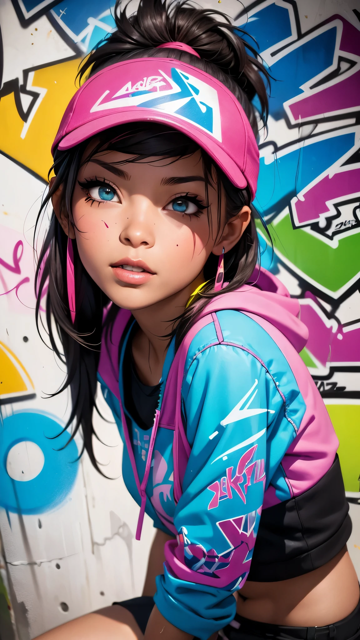 (best quality), (high detail), (vivid colors), (graffiti style), (freestyle), (Close up), (1girl), young sexy female graffiti artist, spraying graffiti on a wall painted with street art, HDR, 8K, 3D, graffiti art style.