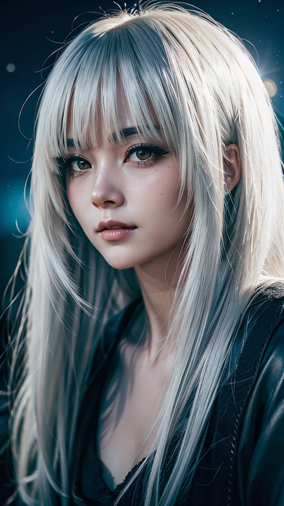 longeyelashes, solid circle eyes, ccurate, gradient hair, mole under eye, glowing eyes, eyeball, sad, nervous smile, silver hair, floating hair, expressive hair, drop shadow, anaglyph, stereogram, tachi-e, pov, atmospheric perspective, chromatic aberration, cinematic lighting, reflection light, anime, anime style, glowing light, chromatic aberration, Nikon, 8k, super detail, best quality, UHD, high details, textured skin