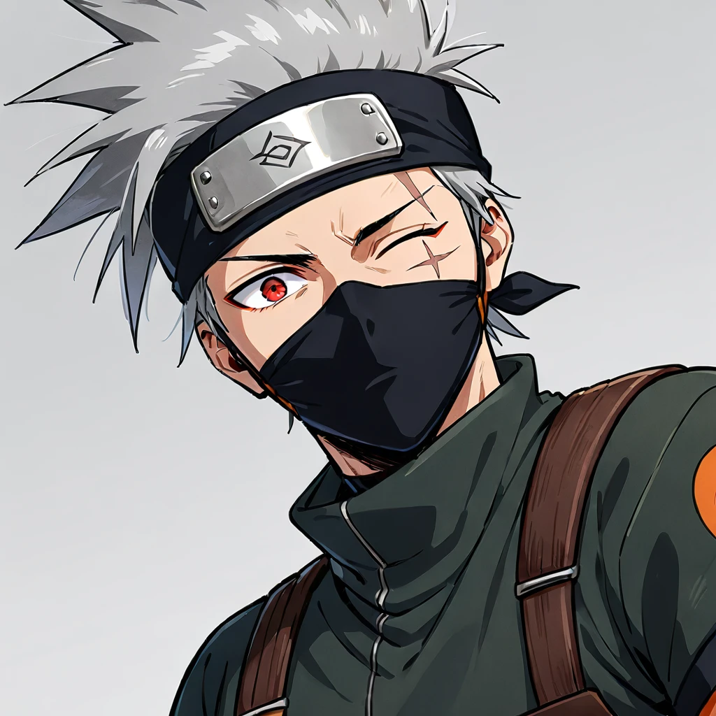 1boy, kakashi hatake, scar across eye, male focus, red eyes, solo, scar, scar on face, one eye closed, mask, looking at viewer, mouth mask, grey hair, spiked hair, forehead protector, short hair, ninja, ninja mask, ((medium quality)), ((medium quality))