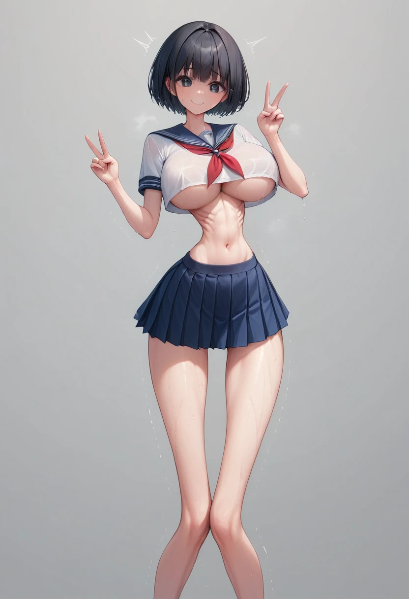 (masterpiece, best quality:1.2), front shot, beautiful 1girl, (super big breasts, micro waist, very long legs:1.4), Black hair, short bob hair, short height, scrawny and thin body, Light Skin, cute big eyes, cute beautiful thin face, forced smile, serafuku, mini skirt, pigeon-toed, (Arched back), wet and sweaty, visible ribs, Long and thin navel, V sign, Trembling