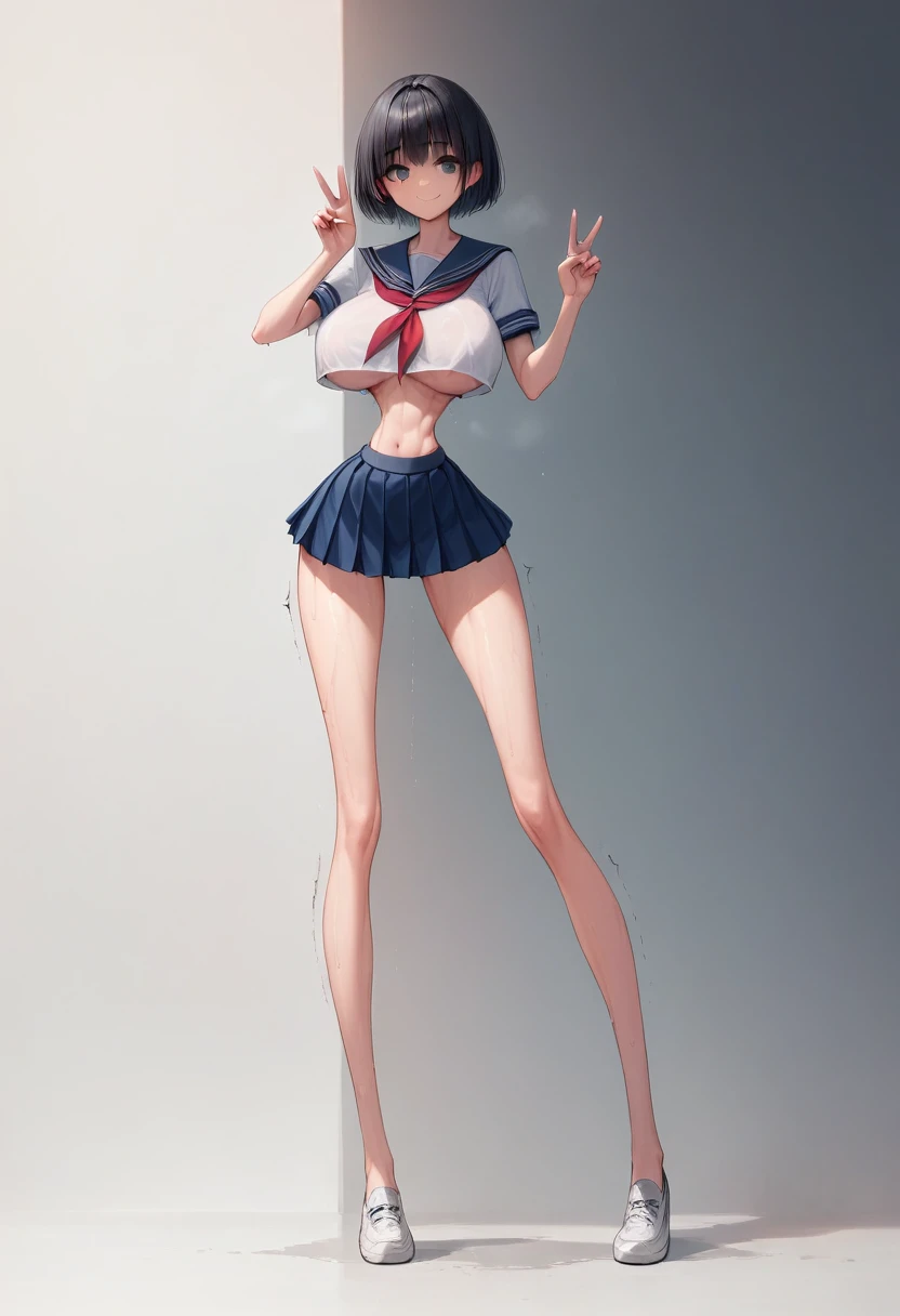 (masterpiece, best quality:1.2), front shot, beautiful 1girl, (super big breasts, micro waist, very long legs:1.4), Black hair, short bob hair, short height, scrawny and thin body, Light Skin, cute big eyes, cute beautiful thin face, forced smile, serafuku, mini skirt, pigeon-toed, (Arched back), wet and sweaty, visible ribs, Long and thin navel, V sign, Trembling