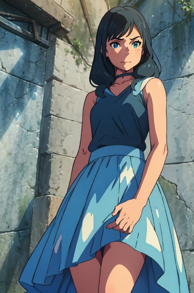 By hand_hina, blue colored eyes, sleeveless, usando overskirt azul bem curta, (overskirt), anime coloring), gazing at viewer, wearing a white tank top, humida, ssmile, (fully body), arms behind the back, standing on one leg, pose sexy, best qualityer 