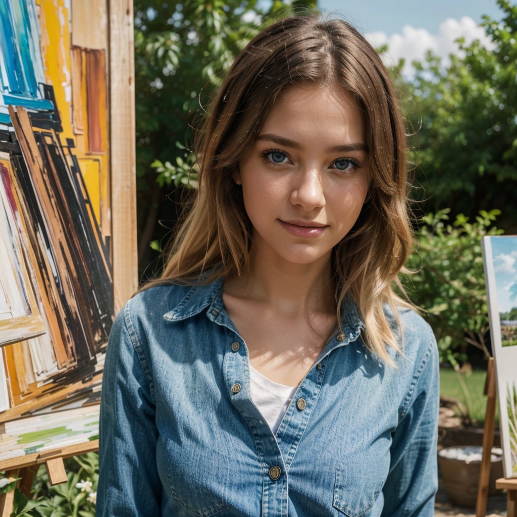 Beautiful blonde in an outdoor art workshop, (surrounded by canvases and paintings. She is wearing a denim shirt and white pants, avec des taches de peinture colorée sur ses vêtements. Léa est concentrée sur sa toile, un pinceau à la main, and bursts of bright colors add an artistic touch to the scene. The natural setting around it creates an inspiring and creative atmosphere.), very detailed, 21 ans, visage innocent, natural wavy hair, blue eye, high resolution, masterpiece, best quality, intricate details, very detailed, sharpness, detailed skin, realistic skin texture, texture, detailed eyes, professionnel, 4K, charming smile, shot with Canon, 85mm, shallow depth of field, Kodak Vision Color, corps parfaitement ajusté, extremely detailed, Photo_(ultra), photorealistic, realistic, post-traitement, Maximum details, roughness, real life, ultra realistic, photorealism, la photographie, 8k uh, la photographie.