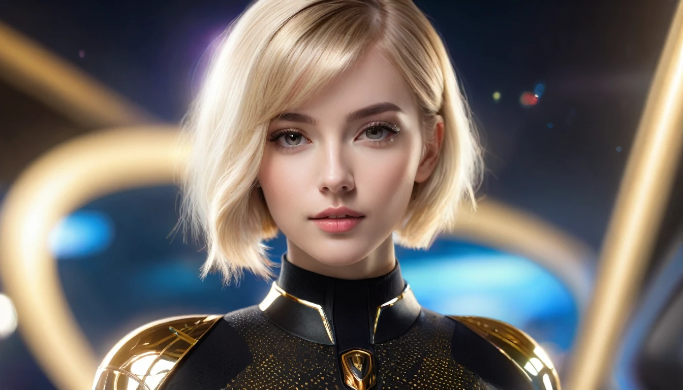 a beautiful 25 yo Prague woman with short blond bob angel hair, wearing a black sweater looking at a gold and chrome futuristic Venusian spacecraft, intricate detailing, HDR, vibrant contrast, 32k resolution, luminism lighting techniques, ultra-realistic digital render, bokeh, mass effect, close up black, beauty, pure perfection, divine presence, unforgettable, impressive, breathtaking beauty, Volumetric light, auras, rays, 8k uhd, dslr, soft lighting, high quality, natural textures 8k masterpiece canon eos r4s 50
