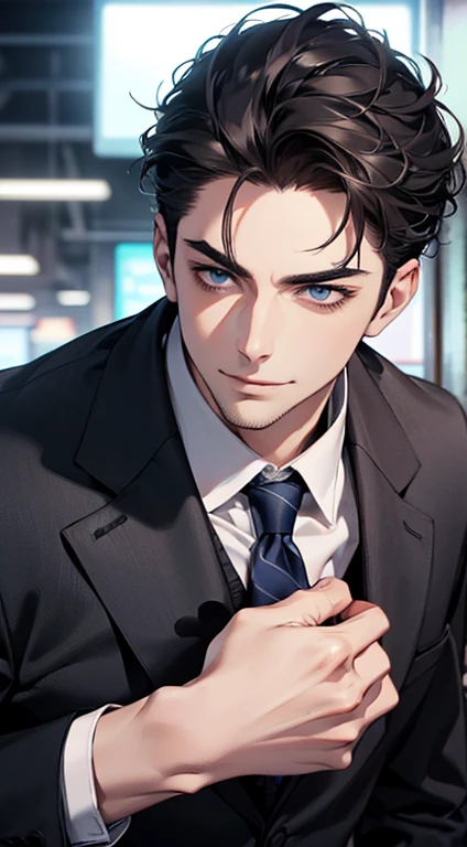 (best quality,4k,8k,highres,masterpiece:1.2),ultra-detailed,(realistic,photorealistic,photo-realistic:1.37),1 man,31 years old,mature man,very handsome,without expression,smile,short grey black hair,blue eyes,penetrating gaze,perfect face without errors,imposing posture,businessman,office background,cinematic lighting,hdr image