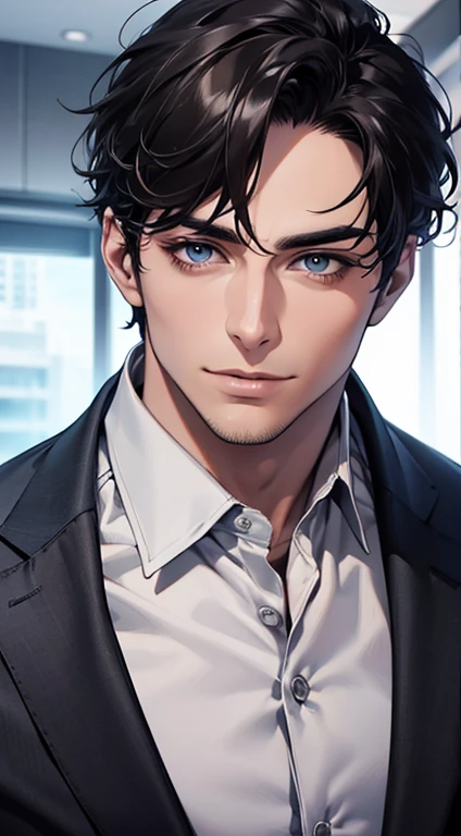 (best quality,4k,8k,highres,masterpiece:1.2),ultra-detailed,(realistic,photorealistic,photo-realistic:1.37),1 man,31 years old,mature man,very handsome,without expression,smile,short grey black hair,blue eyes,penetrating gaze,perfect face without errors,imposing posture,businessman,office background,cinematic lighting,hdr image