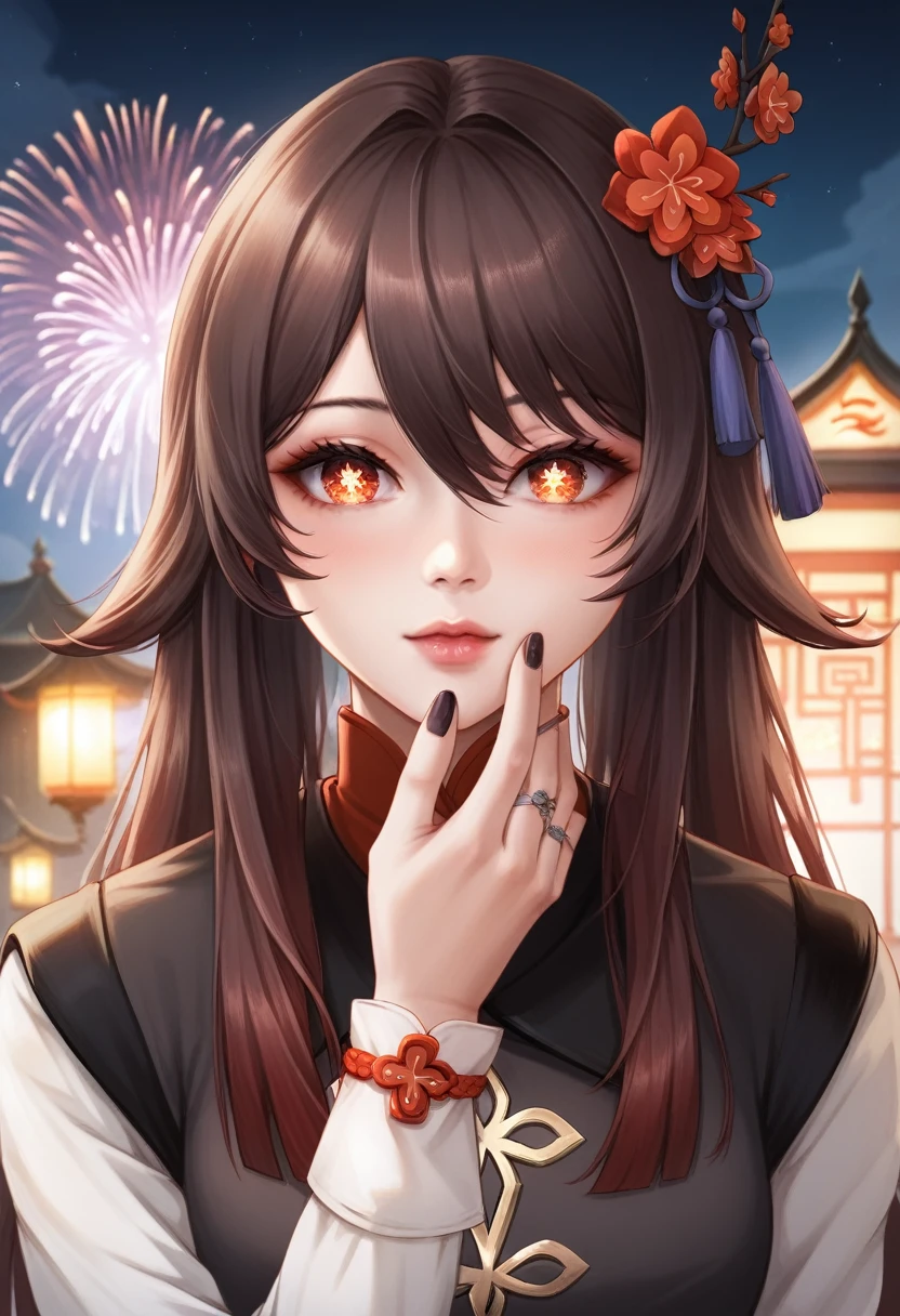 best quality, medieval, solo girl, 4k, high resolution , anime girl , young girl, 24 years old, bangs, long hair, cute face, perfect shot, perfect anatomy, detailed face, detailed eyes, chinese port at night background , chinese new year, fireworks, tall girl, 2 girls, realistic, 4k , masterpiece, best quality , ilustration, digital art, hu tao, genshin impact, full body, close up, first person view, , standing, pov, kiss, kissing pov, inminent kiss, close eyes