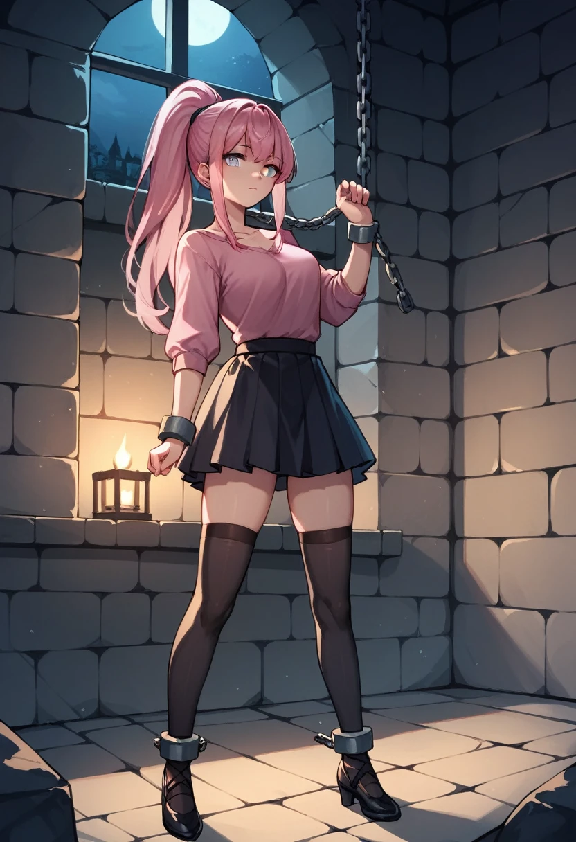score_9, score_8_up, score_7_up, score_6_up, score_5_up, score_4_up, source_anime, 1 woman, pink hair, ponytail, white eyes, w-w-chain, wrists of the hands, put on , shackles,long hair, pink shirt, skirt,black stockings, night, dungeon, best quality, best res, 4K UHD,