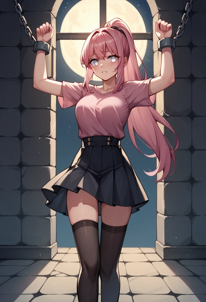 score_9, score_8_up, score_7_up, score_6_up, score_5_up, score_4_up, source_anime, 1 woman, pink hair, ponytail, white eyes, w-w-chain, wrists of the hands, put on , shackles,long hair, pink shirt, skirt,black stockings, night, dungeon, best quality, best res, 4K UHD,