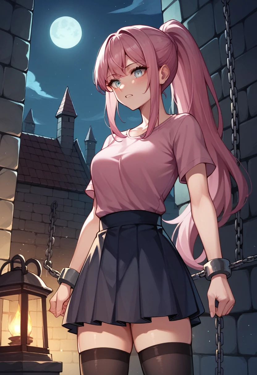 score_9, score_8_up, score_7_up, score_6_up, score_5_up, score_4_up, source_anime, 1 woman, pink hair, ponytail, white eyes, w-w-chain, wrists of the hands, put on , shackles,long hair, pink shirt, skirt,black stockings, night, dungeon, best quality, best res, 4K UHD,
