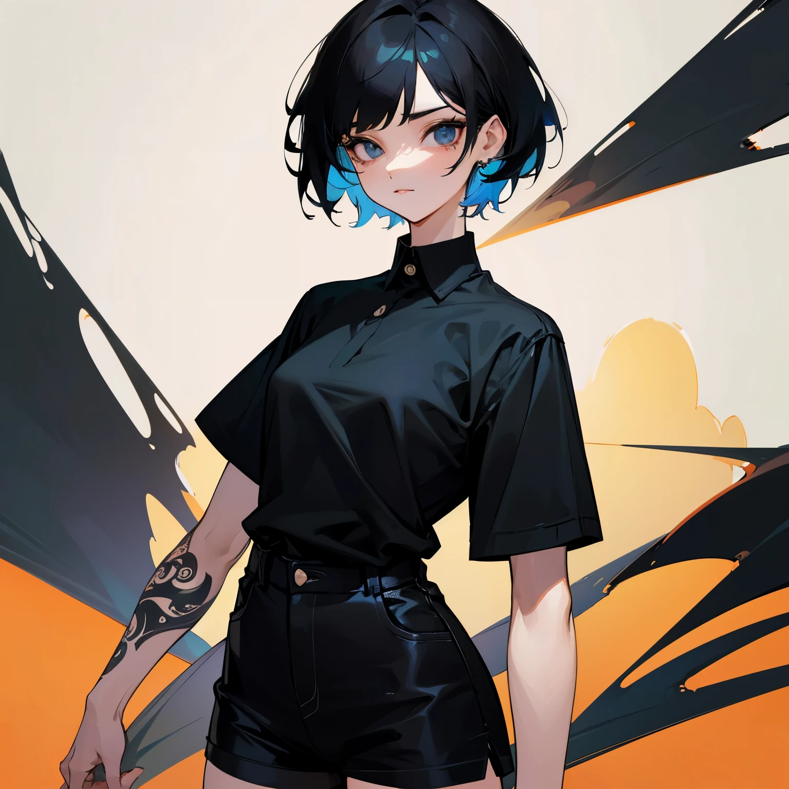 female, beautiful, short black hair, black shirt, shorts, tattooed, cool, stylish, high image quality
