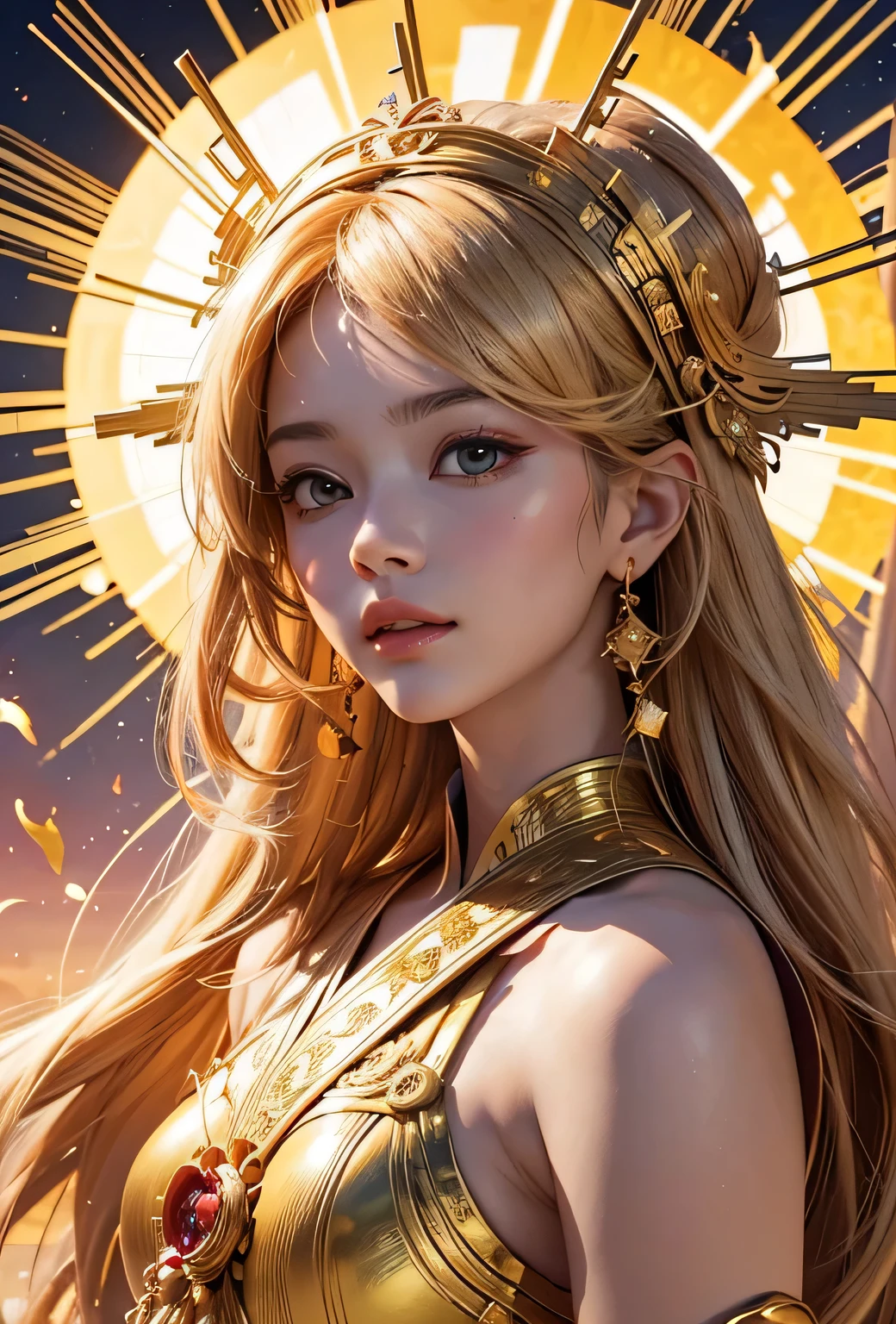 "Child of the Sun, Goddess of Love": Within a sacred sanctuary bathed in sunlight, depict the figure of a sun goddess who governs love, facing forward and emanating divine radiance. She is a , around 3 years old. Zoom in to focus on her face, with a gleaming orb of light in her hands, representing the life-giving power of the sun. Her hair is shimmering gold, and she is wearing a traditional miko outfit as seen in Japanese shrines. The background should be predominantly gold, evoking a sense of divine splendor, with numerous heart-themed objects expressing the beauty of love. The setting is in heaven, enveloped in soft, bright light, where one can find tranquility and peace of mind, free from any trace of anxiety.Straight-on.