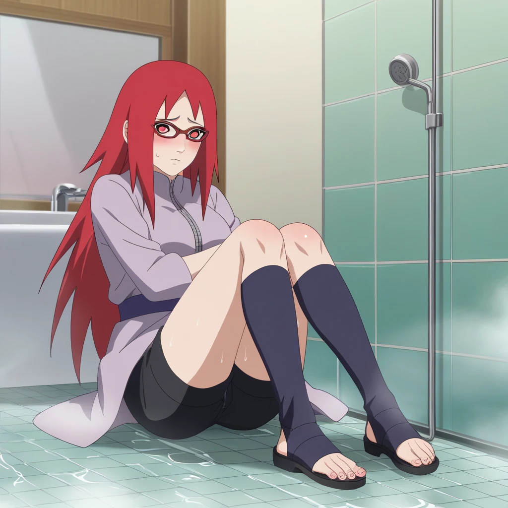 Red hair, 1 Girl, Glasses, Long hair, Red Eyes, Solitary, Long gown, Black over-the-knee stockings, Black shorts, Umbilical cord, Looking at the audience,  No students, sit,Keep your legs together, zipper,Closed-toe shoes, Japanese cartoons screencap, Japanese cartoons coloring,src_Japanese cartoons,Naruto \(series\), Naruto shippuuden,（（blush，nervous，Vision，））masterpiece， absurd ， （Intricate details）， （Colorful）， light， Extremely detailed CG unity 8k wallpaper ，1 Girl， solo，（sit在浴缸里，优雅的sit着，Bathrobe，Keep your clothes conservative，bubble bath，Soaked in water，shy，Medium chest， ），sweat，blush，blush1.5，Blush，Big breasts，Lace dress，bathroom，night，