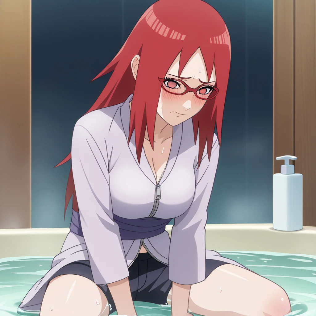 Red hair, 1 Girl, Glasses, Long hair, Red Eyes, Solitary, Long gown, Black over-the-knee stockings, Black shorts, Umbilical cord, Looking at the audience,  No students, sit,Keep your legs together, zipper,Closed-toe shoes, Japanese cartoons screencap, Japanese cartoons coloring,src_Japanese cartoons,Naruto \(series\), Naruto shippuuden,（（blush，nervous，Vision，））masterpiece， absurd ， （Intricate details）， （Colorful）， light， Extremely detailed CG unity 8k wallpaper ，1 Girl， solo，（sit在浴缸里，优雅的sit着，Bathrobe，Keep your clothes conservative，bubble bath，Soaked in water，shy，Medium chest， ），sweat，blush，blush1.5，Blush，Big breasts，Lace dress，bathroom，night，