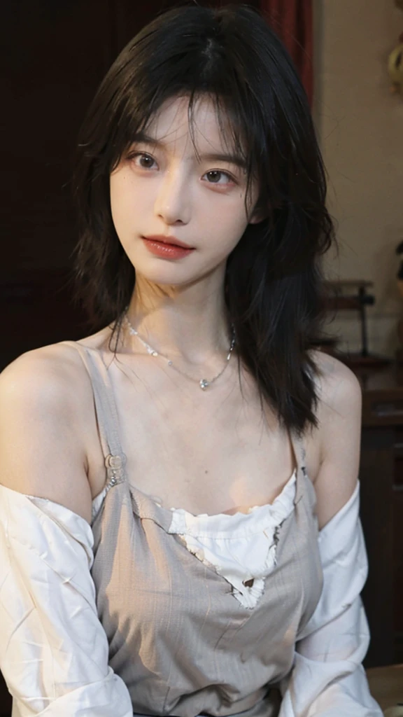 Film portrait photography, 1 girl, bare shoulders,lipstick，（flat chest：1.4）， wear necklace，Big breasts，Cute expression,Exquisite makeup，Red suspenders，serene, calm, (Realistic and detailed eyes, natural skin texture, Realistic facial details), Soft dramatic lighting, depth of field, Bokeh, Vibrant details, Detailed and detailed, surreal, 35mm film, hazy, ,