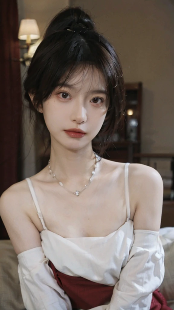 Film portrait photography, 1 girl, bare shoulders,lipstick,(flat chest:1.4), wear necklace,Big breasts,Cute expression,Exquisite makeup,Red suspenders,serene, calm, (Realistic and detailed eyes, natural skin texture, Realistic facial details), Soft dramatic lighting, depth of field, Bokeh, Vibrant details, Detailed and detailed, surreal, 35mm film, hazy, ,