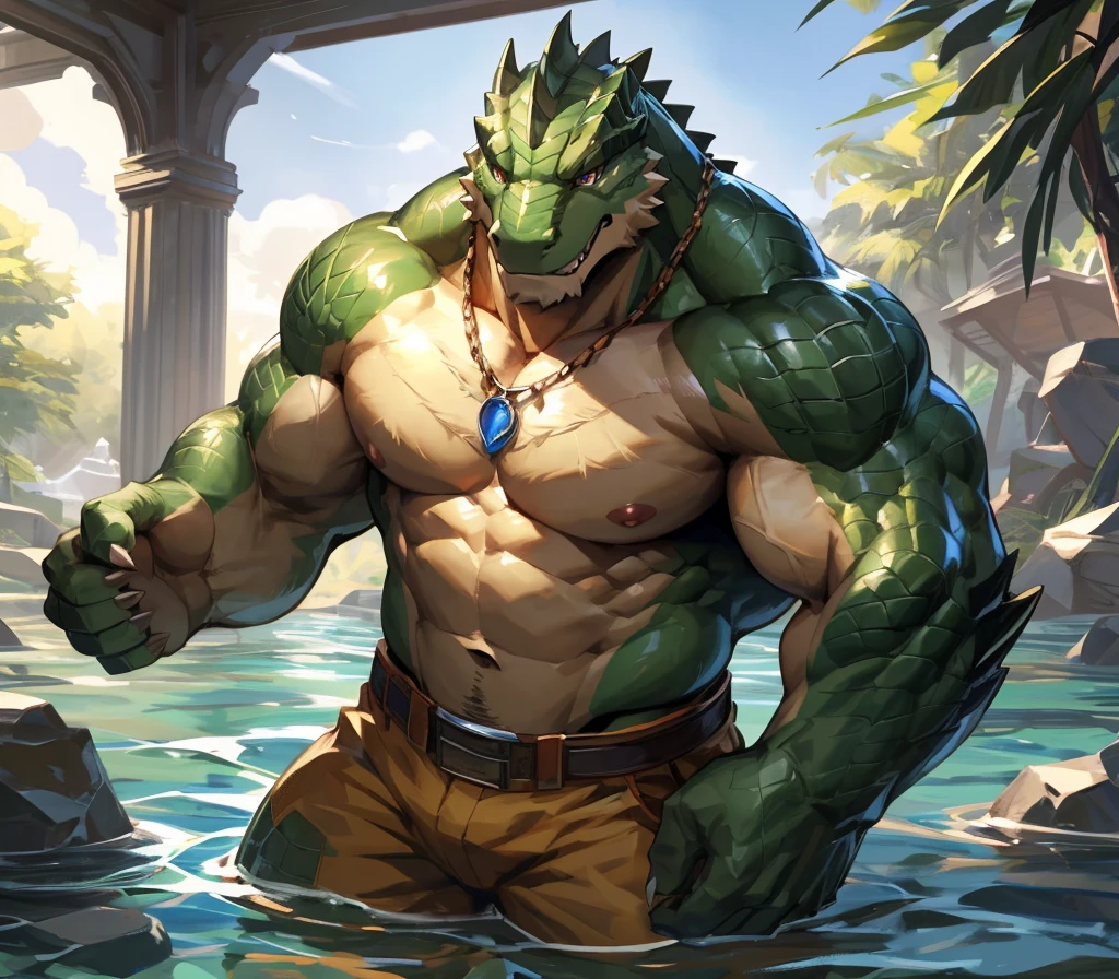 ((best quality)), ((masterpiece)), (ultra detailed),perfect face,antro aligator:2.5, male, ((green crocodile skin)), aligator look, (strong beefy muscular body), (yellowish belly),(abs, strongmuscles, 8 pack), furry, handsome,Beautiful and delicate eyes, (ultra detailed eyes, (green):0.1 eyes, sharp eyes), detailed scene,full body, shirtless, topless, pink nipples, (by null-ghost,by traver009,by lindong,by pino daeni), (full body), wearing random pattern necklace, claws, (scales), majestic, upper body naked, big fellow, muscular male, (wearing short yellow pants), big fellow, huge body, handsome, majestic, barbarous, hairy, male, inside the lake, swimming, anime, full body view