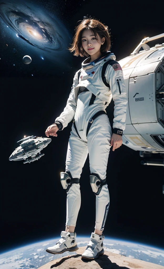 best quality、masterpiece、Ultra-high resolution、(real:1.4)、(full-body shot)20 Years Old Beautiful Korean Woman1、Beautiful details of the eyes and skin、Light brown short hair、Little Smile、The perfect space suit、spaceship、remains、Space background