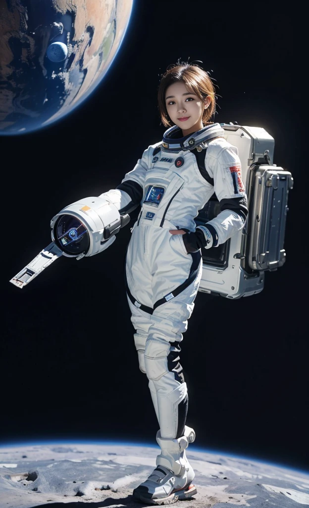 best quality、masterpiece、Ultra-high resolution、(real:1.4)、(full-body shot)20 Years Old Beautiful Korean Woman1、Beautiful details of the eyes and skin、Light brown short hair、Little Smile、The perfect space suit、spaceship、remains、Space background