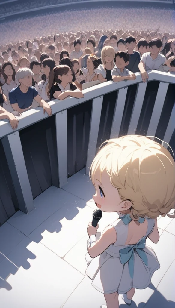 Chibi Character、、、blondes、Brat、Sing with a microphone、white idol costume,A back view of a singer singing to a large audience,Be showered with cheers,Pull angle,Full Shot,Accurate Body,Accurate 5-finger,wireless microphone,whole body,Angle from above and behind,Precisely structured body,From 10m behind,Back view,Spectators holding colorful grow sticks
