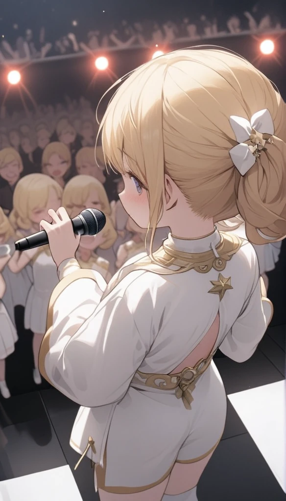 Chibi Character、、、blondes、Brat、Sing with a microphone、white idol costume,A back view of a singer singing to a large audience,Be showered with cheers,Pull angle,Full Shot,Accurate Body,Accurate 5-finger,wireless microphone,whole body,Angle from above and behind,Precisely structured body,From 10m behind,Back view,Spectators holding colorful grow sticks
