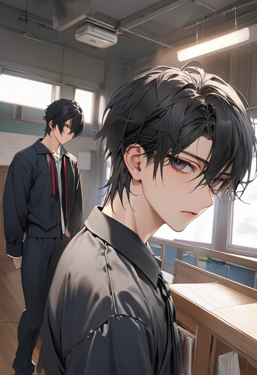A highschool boy, handsome, perfect body, black hair, short hair, mullet, black eyes, upturned eyes, expressionless, black highschool uniform, anime, first-person view, masterpiece, anatomically correct, high details, highres, best quality, super detail, 1080P