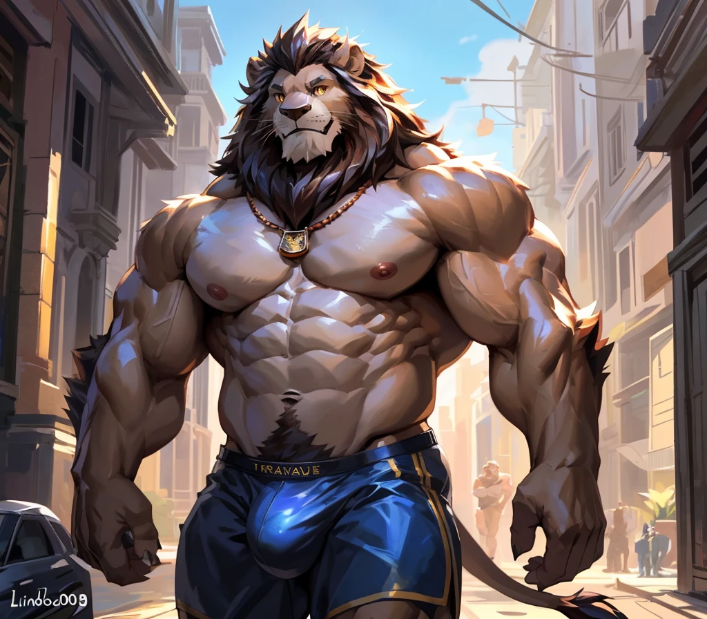 absurdres, ((best quality)), ((masterpiece)), (ultra detailed), perfect face,(sharp eyes),sharp focus, (by null-ghost,by traver009,by lindong,by pino daeni), (male antro lion):2.0, (brown body)), (white belly), (delicated lion fangs, lion ears, lion tail), (sharp eye),ultra-detailed eyes, (Beautiful and delicate eyes), (yellow eyes), ((white sclera)), ((fluffy fur, fluffy, furry body)),(casual clothes), muscular male , (wearing random pattern necklace), smile, (bulge), reflection, sexy body, middle-age, strong, looking at view, (((sfw:1.5))), (( abs, strong muscle, 8 pack)), shirtless, tougue out, claw, pink nipples, handsome,(Great physique),strong arms man, majestic, barbarous, handsome, on the street