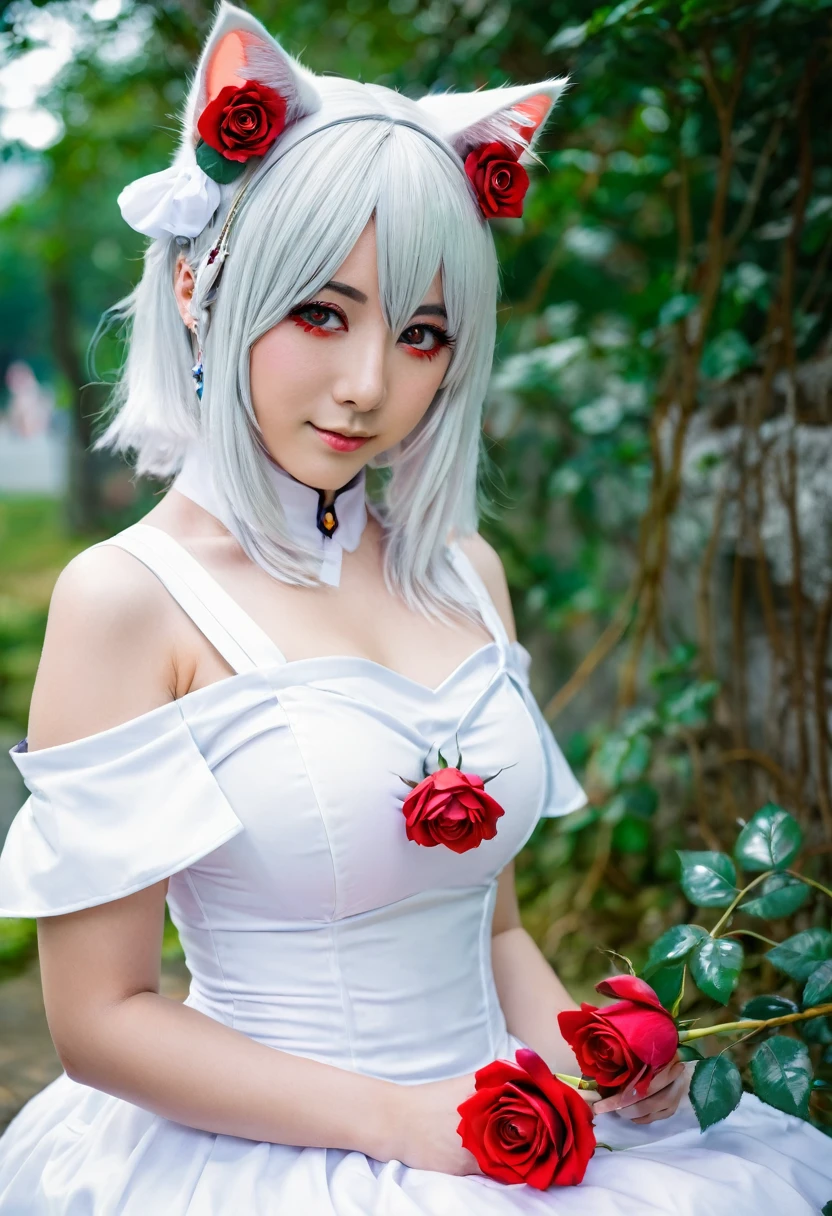 there is a woman in a white dress and a red rose in her hair, cosplay de anime, Cosplay de garota de anime, foto de cosplay, anime style mixed with fujifilm, cosplay, white haired deity, a beautiful kitsune woman, cosplayer, white cat girl, silver hair, nekomimi, anime girl in real life, cosplay de ayaka, white hime cut hairstyle