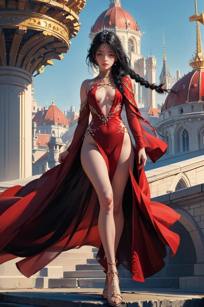 ((aeolian)), 1 girl, beautiful face, Princess, wearing fully see through red dress, full body view, very long black hair in a single braid, no underwear, slim body, long legs, shiny skin, fantasy city landscape