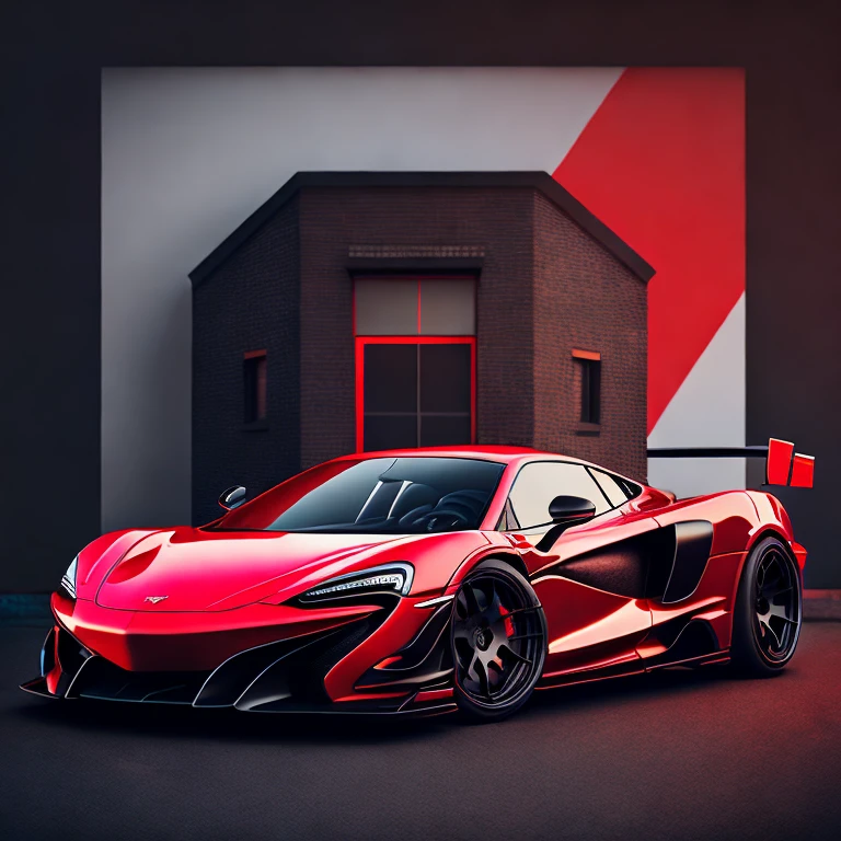 Art for t-shirt graphic design, a modern graphic design, classic black with red roof McLAREN 570S GT4, ((carbon fiber, Kit de corpo ultra largo Liberty walk)), Aggressive pose ((fund: outside old industrial style building, large windows in fund, cloudy sky, heavy industrial look, cobble stone Street)), 8 k quality, realisitic, 真实感, Spitz, detailded, ultralargo, black and carbon fiber and deep candy colour scheme, frontal profile, epic stance, Epic Ultra Long Body Kit, super low posture, aggressive looks , Street, bold red, fund British flag in vintage pastel tone, highly detailded clean, vector image, realisitic masterpiece, professional photograpy, realisitic car, car sunrise fund, flat black fund, isometric, vibrant vector